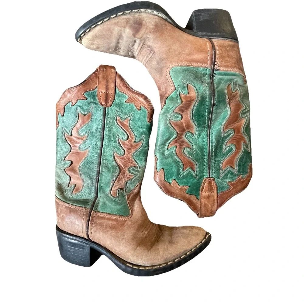 Old West Kids 10.5 Western Cowboy Boots Brown Green Leather‎ Youth Pull On